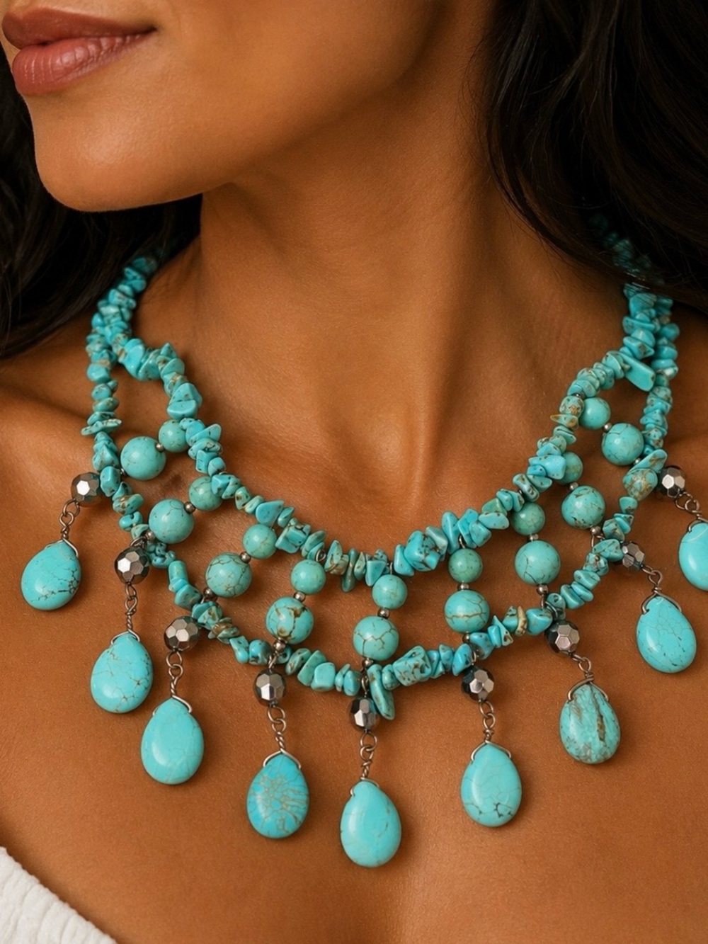 Layered Turquoise Teardrop Statement Necklace - Women Jewelry